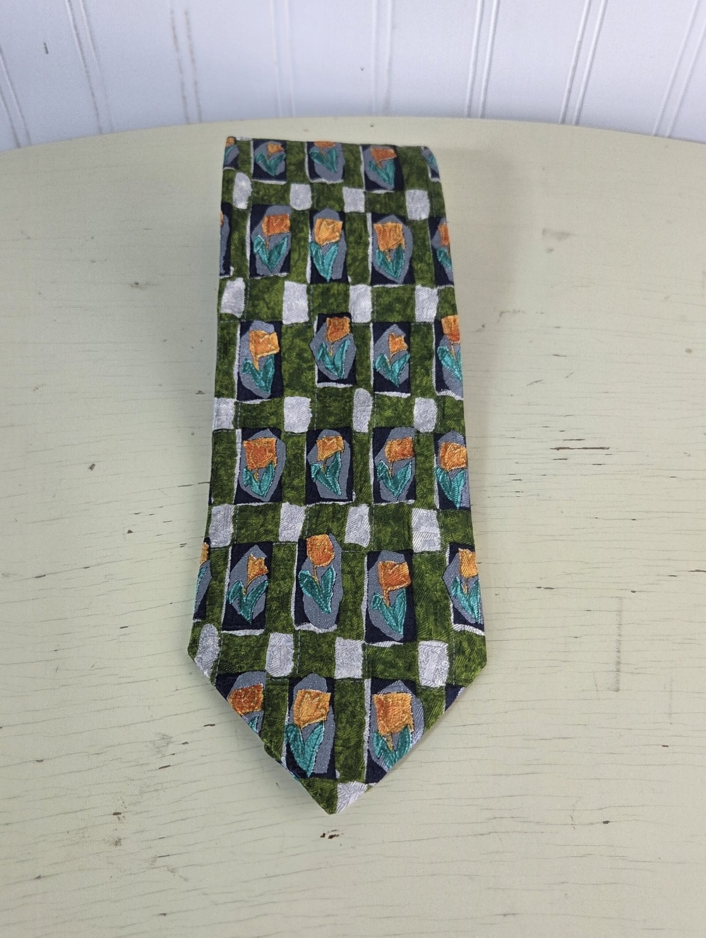 Ermenegildo Zegna Silk Tie Tulip Geometric Floral Pattern Made In Italy Designer